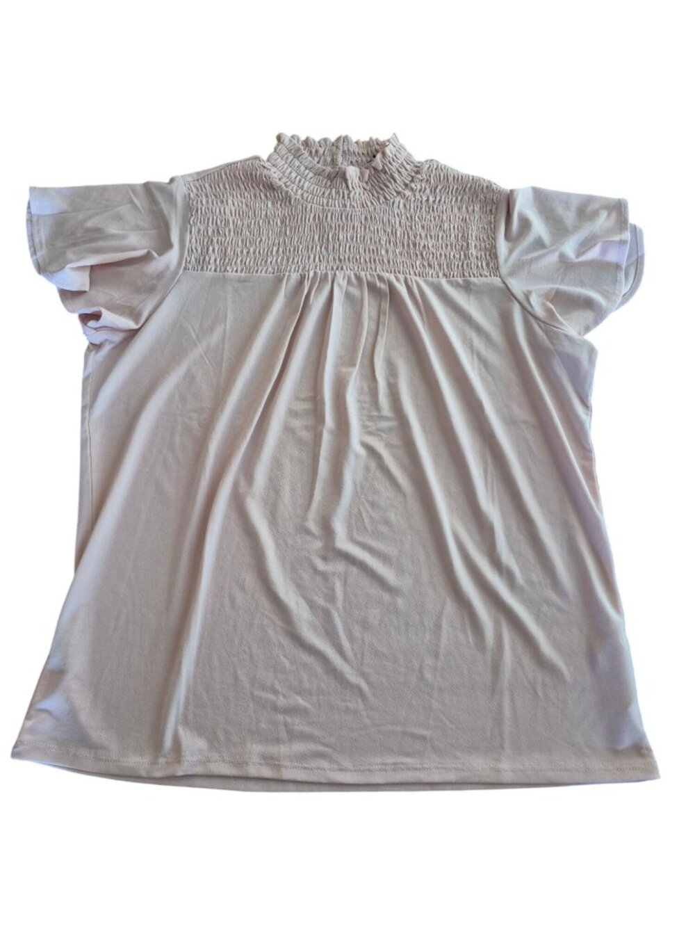 Adrianna Papell Smocked Ruffle Neck Blush Pink Short Sleeve Womens Blouse Top L
